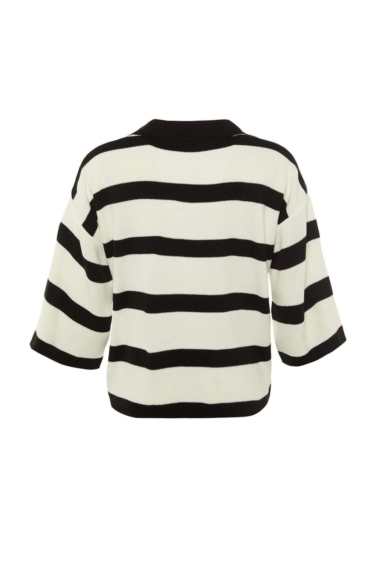 Women’s Black & White Striped Knit Polo Sweater – Casual Chic Long Sleeve Top | Atikastyle