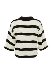 Women’s Black & White Striped Knit Polo Sweater – Casual Chic Long Sleeve Top | Atikastyle