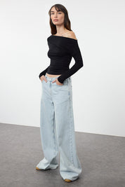 Chic Striped Off-Shoulder Long Sleeve Top – Nautical-Inspired