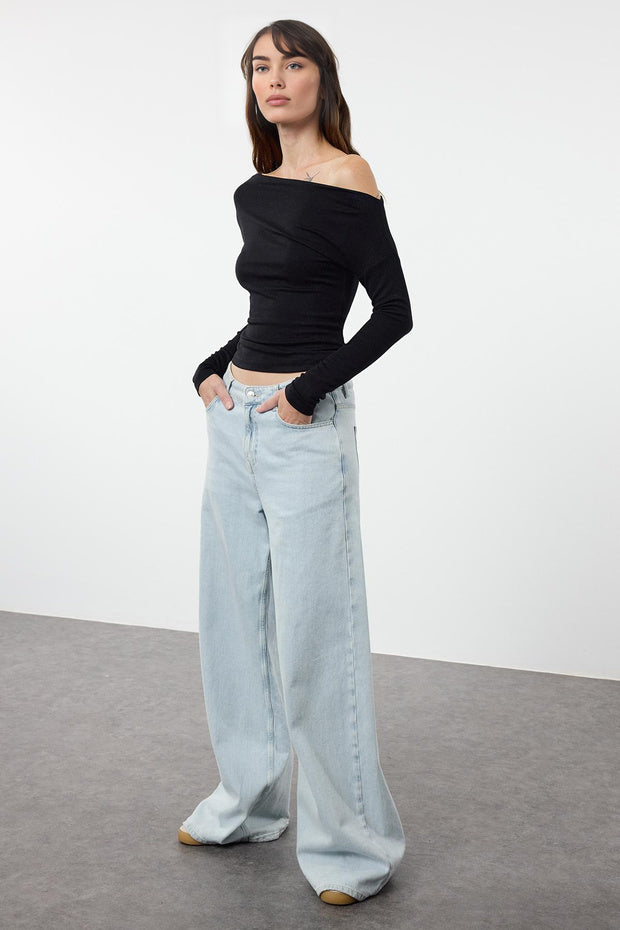 Chic Striped Off-Shoulder Long Sleeve Top – Nautical-Inspired