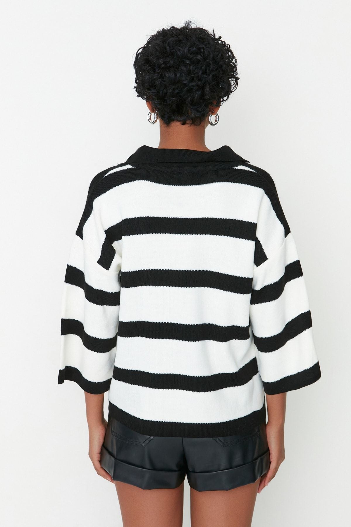 Women’s Black & White Striped Knit Polo Sweater – Casual Chic Long Sleeve Top | Atikastyle