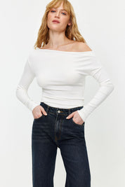 Chic Striped Off-Shoulder Long Sleeve Top – Nautical-Inspired