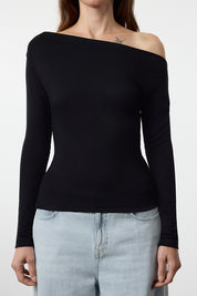 Chic Striped Off-Shoulder Long Sleeve Top – Nautical-Inspired