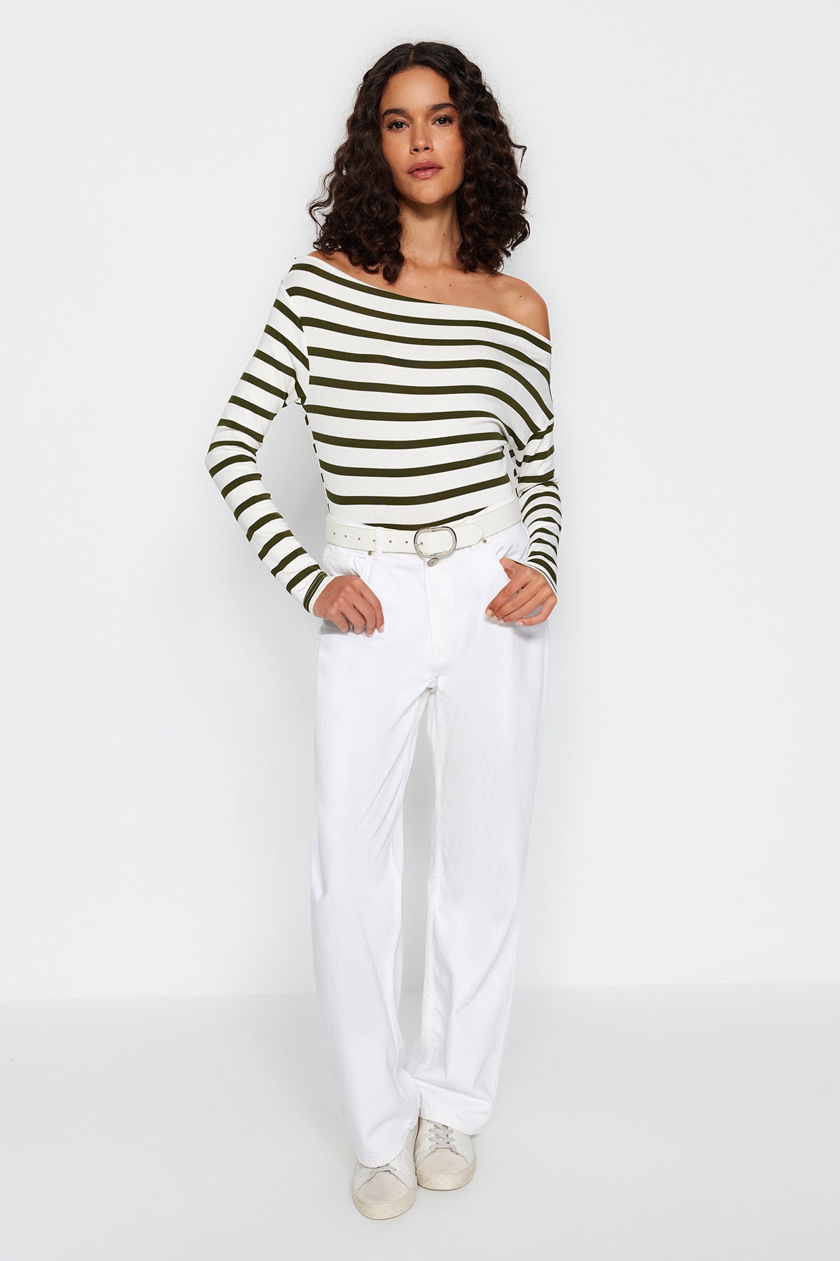 Chic Striped Off-Shoulder Long Sleeve Top – Nautical-Inspired