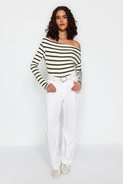 Chic Striped Off-Shoulder Long Sleeve Top – Nautical-Inspired