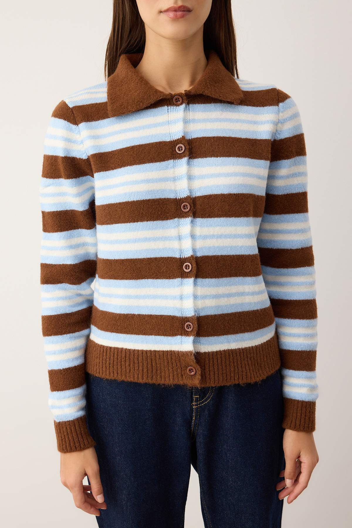 Brown Striped Knit Cardigan | Polo Collar, Long Sleeve, Wardrobe Essentials | AtikaStyle