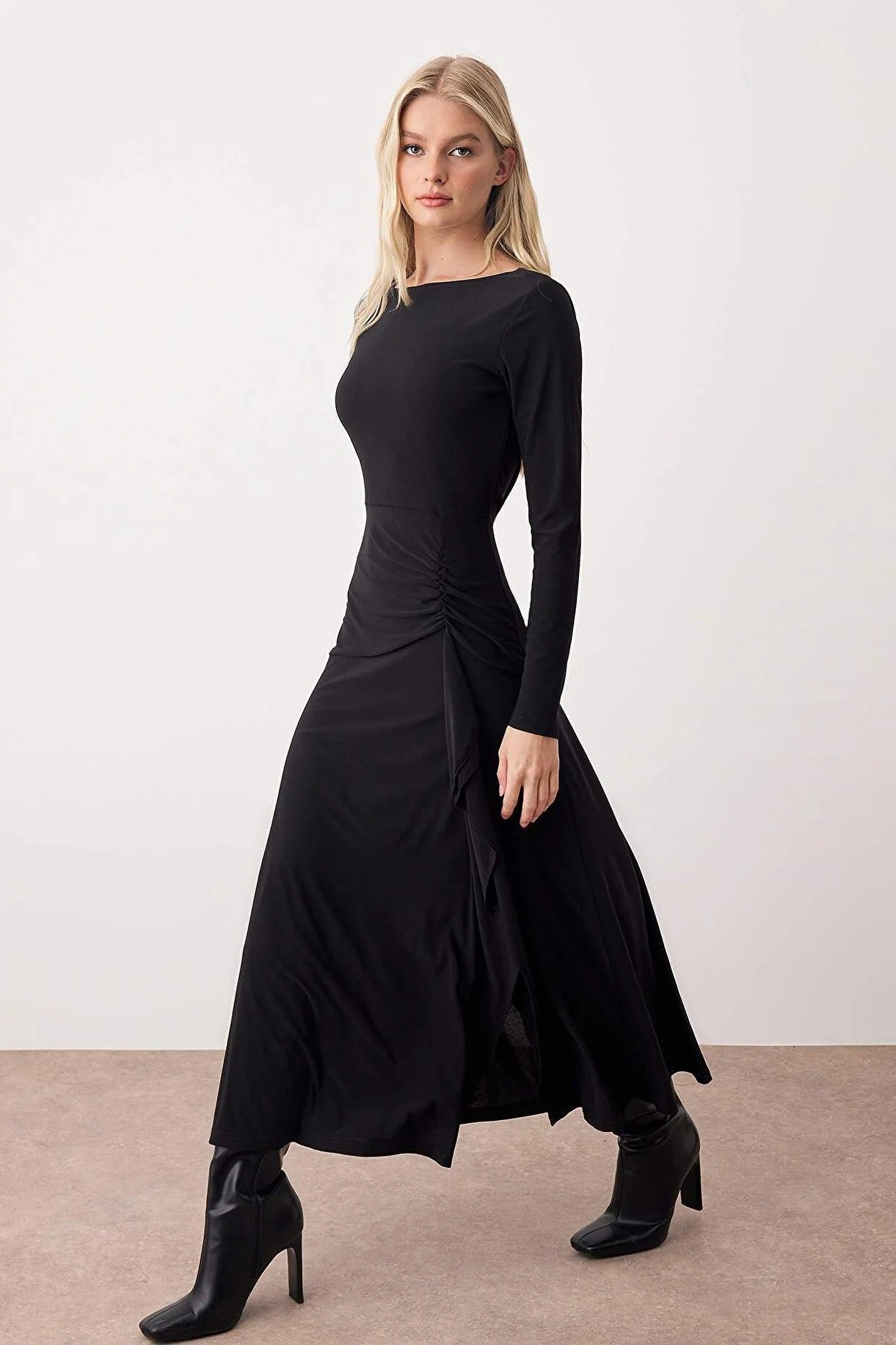 Black Ruffle Boat Neck Maxi Knit Dress | Flared Hem & Waist Tie | AtikaStyle