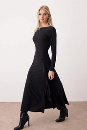 Black Ruffle Boat Neck Maxi Knit Dress | Flared Hem & Waist Tie | AtikaStyle