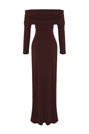 Brown off-shoulder dress on a white background