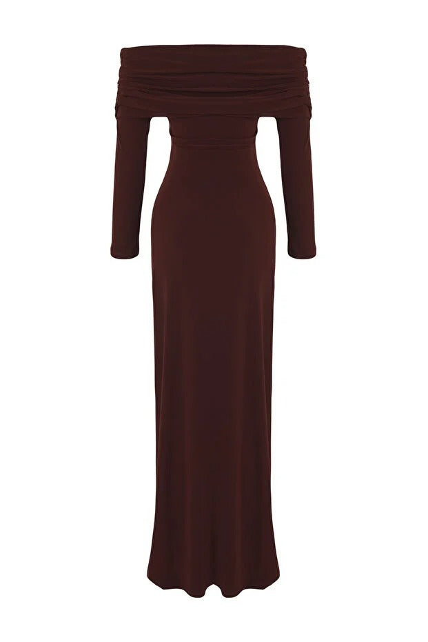 Brown off-shoulder dress on a white background