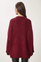 Burgundy Soft-Touch Knit Sweater | Crewneck, Drop-Shoulder, Stretch | AtikaStyle