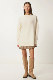 Burgundy Soft-Touch Knit Sweater | Crewneck, Drop-Shoulder, Stretch | AtikaStyle