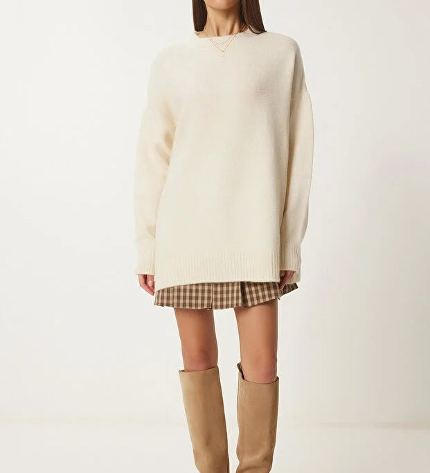 Burgundy Soft-Touch Knit Sweater | Crewneck, Drop-Shoulder, Stretch | AtikaStyle