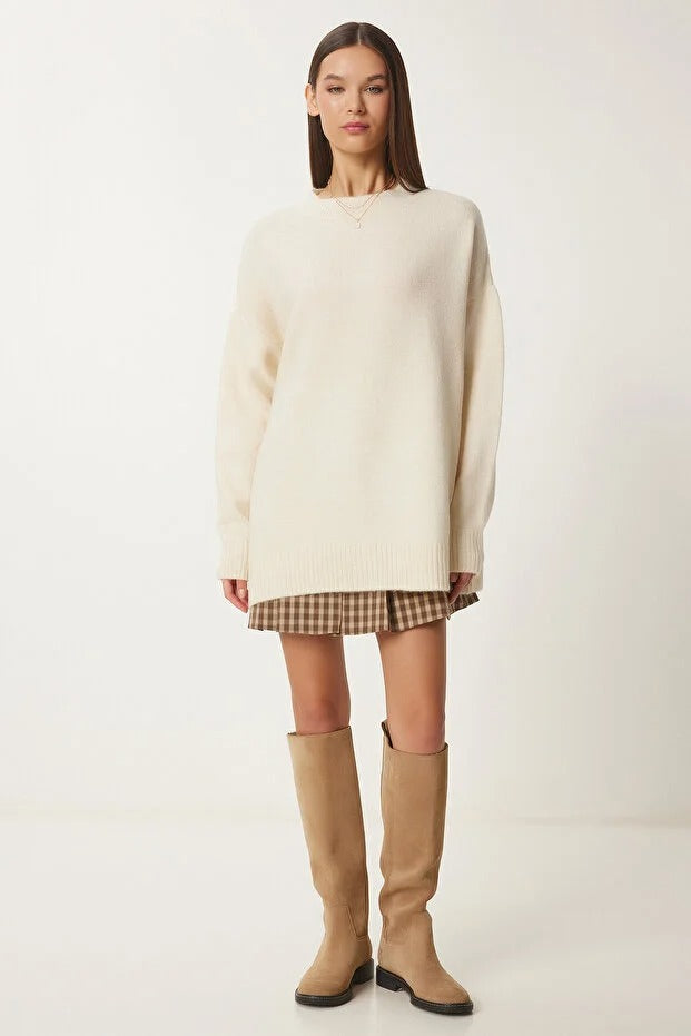 Burgundy Soft-Touch Knit Sweater | Crewneck, Drop-Shoulder, Stretch | AtikaStyle