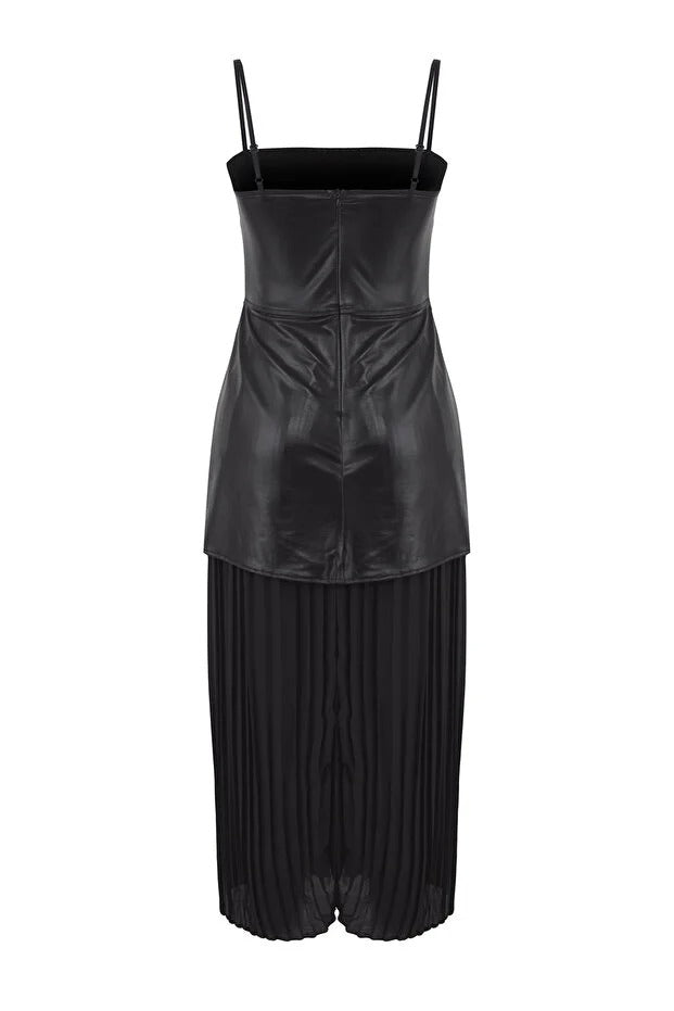 Black Faux Leather & Chiffon Pleated Detail Dress | Limited Edition | AtikaStyle