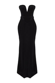 Black Velvet Sweetheart Maxi Evening Dress | Strapless, Ruched Waist | AtikaStyle