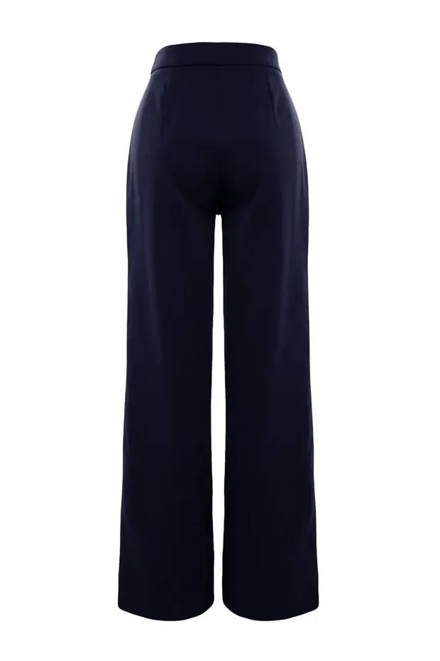 Navy Woven Wide Leg Pants | High Rise Pocket Detail | AtikaStyle