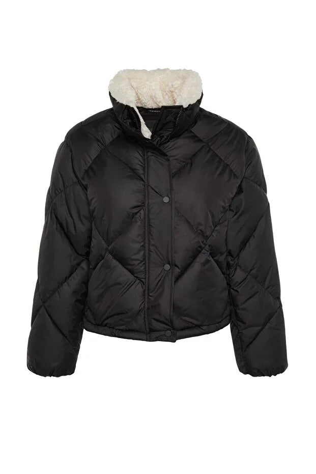 Black Oversized Puffer Coat with Plush Collar | Winter Outerwear | AtikaStyle