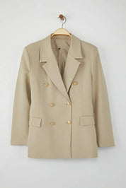 Taupe (Vizon) Chain-Detail Woven Blazer | Tailored, Single-Breasted | AtikaStyle