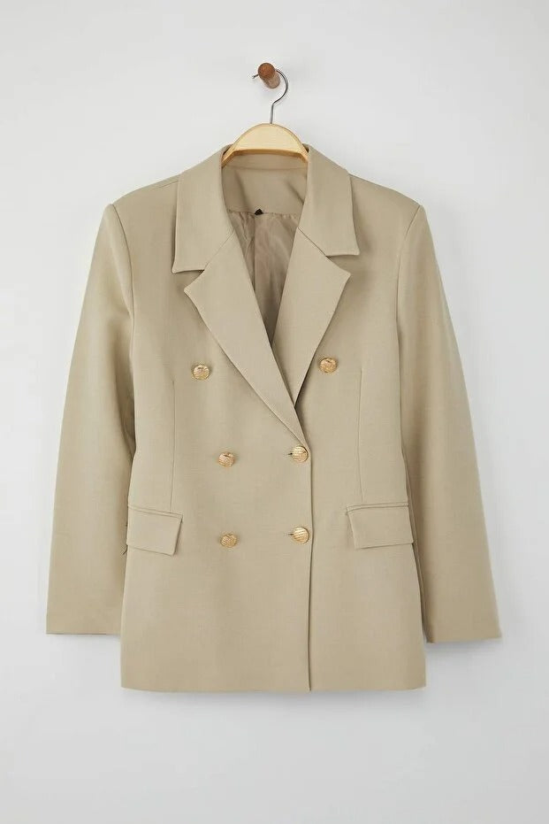 Taupe (Vizon) Chain-Detail Woven Blazer | Tailored, Single-Breasted | AtikaStyle