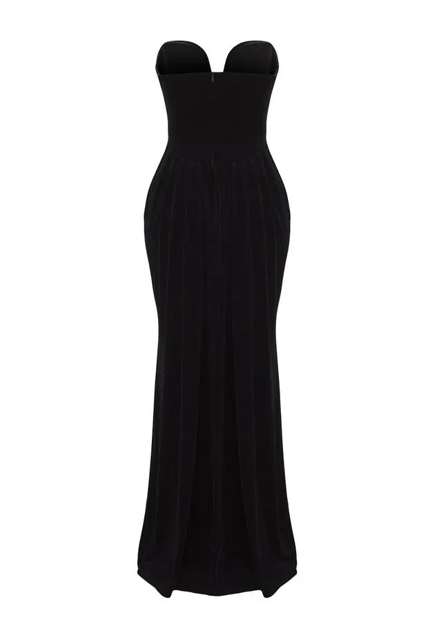 Black Velvet Sweetheart Maxi Evening Dress | Strapless, Ruched Waist | AtikaStyle