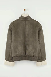 Olive Faux Leather Shearling Aviator Jacket | Oversized Winter Coat | AtikaStyle