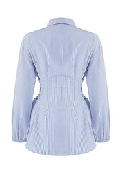 Blue Striped Adjustable-Waist Button-Up Shirt | Tailored Cinch Detail | AtikaStyle