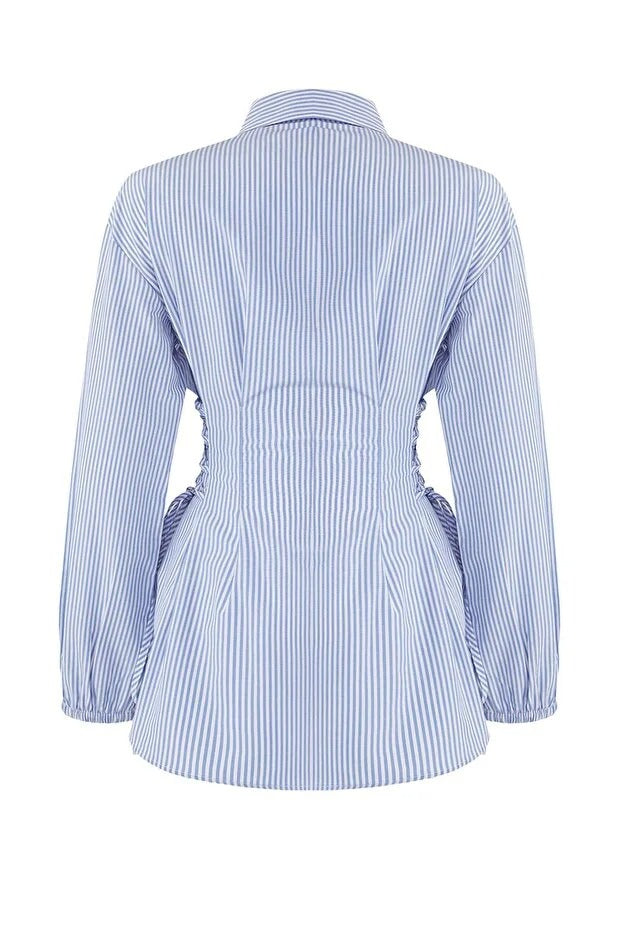 Blue Striped Adjustable-Waist Button-Up Shirt | Tailored Cinch Detail | AtikaStyle