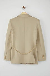 Taupe (Vizon) Chain-Detail Woven Blazer | Tailored, Single-Breasted | AtikaStyle