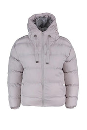 Light gray puffer jacket with a hood on a white background