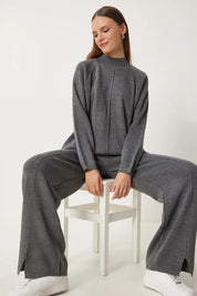 Grey Acrylic Knit Two-Piece Set | Mock Neck, Side Slits, Elastic Waist | AtikaStyle