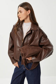 Brown Faux Leather Bomber Jacket | Oversized, Lined, Zip Front | AtikaStyle