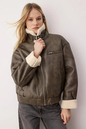 Olive Faux Leather Shearling Aviator Jacket | Oversized Winter Coat | AtikaStyle