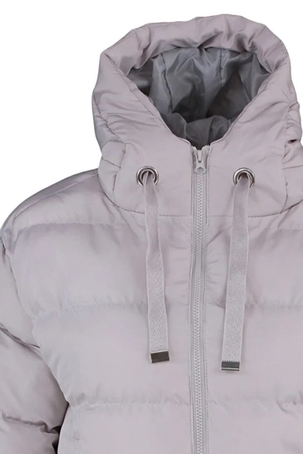 Close-up of a light gray hooded jacket with a zipper and drawstrings on a white background