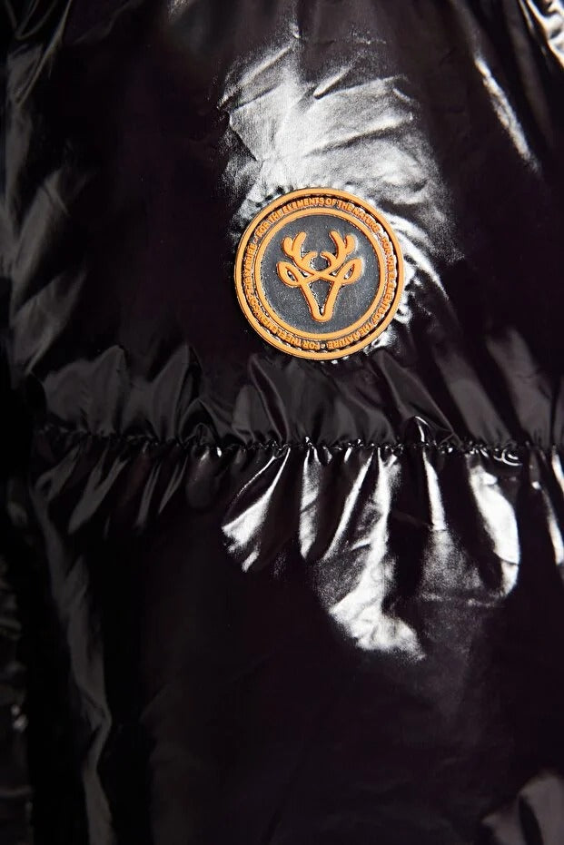 Black Oversized Shiny Hooded Puffer Coat | Water-Repellent Jacket | AtikaStyle