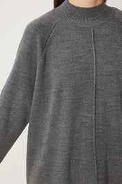 Grey Acrylic Knit Two-Piece Set | Mock Neck, Side Slits, Elastic Waist | AtikaStyle