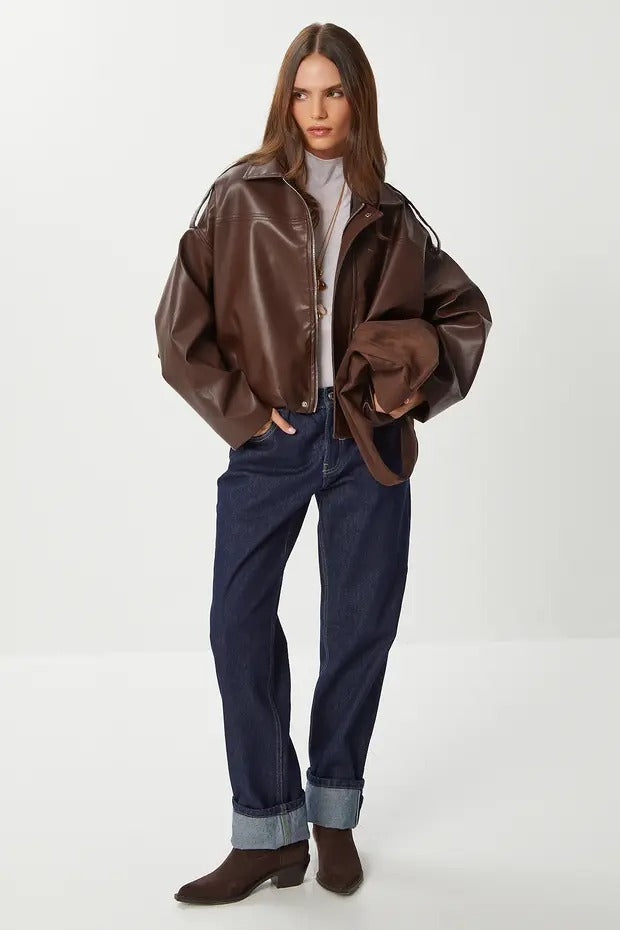 Brown Faux Leather Bomber Jacket | Oversized, Lined, Zip Front | AtikaStyle