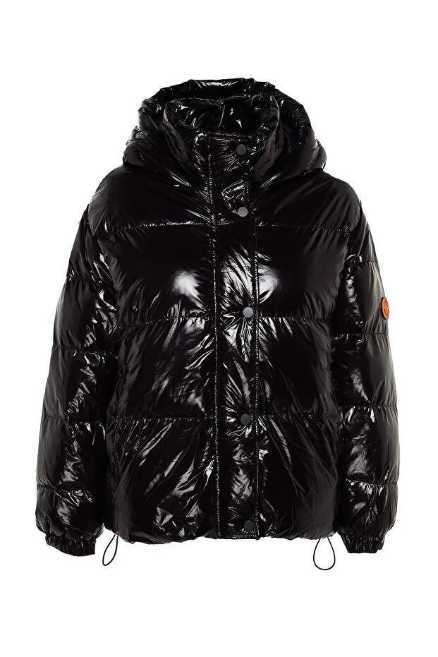 Black Oversized Shiny Hooded Puffer Coat | Water-Repellent Jacket | AtikaStyle
