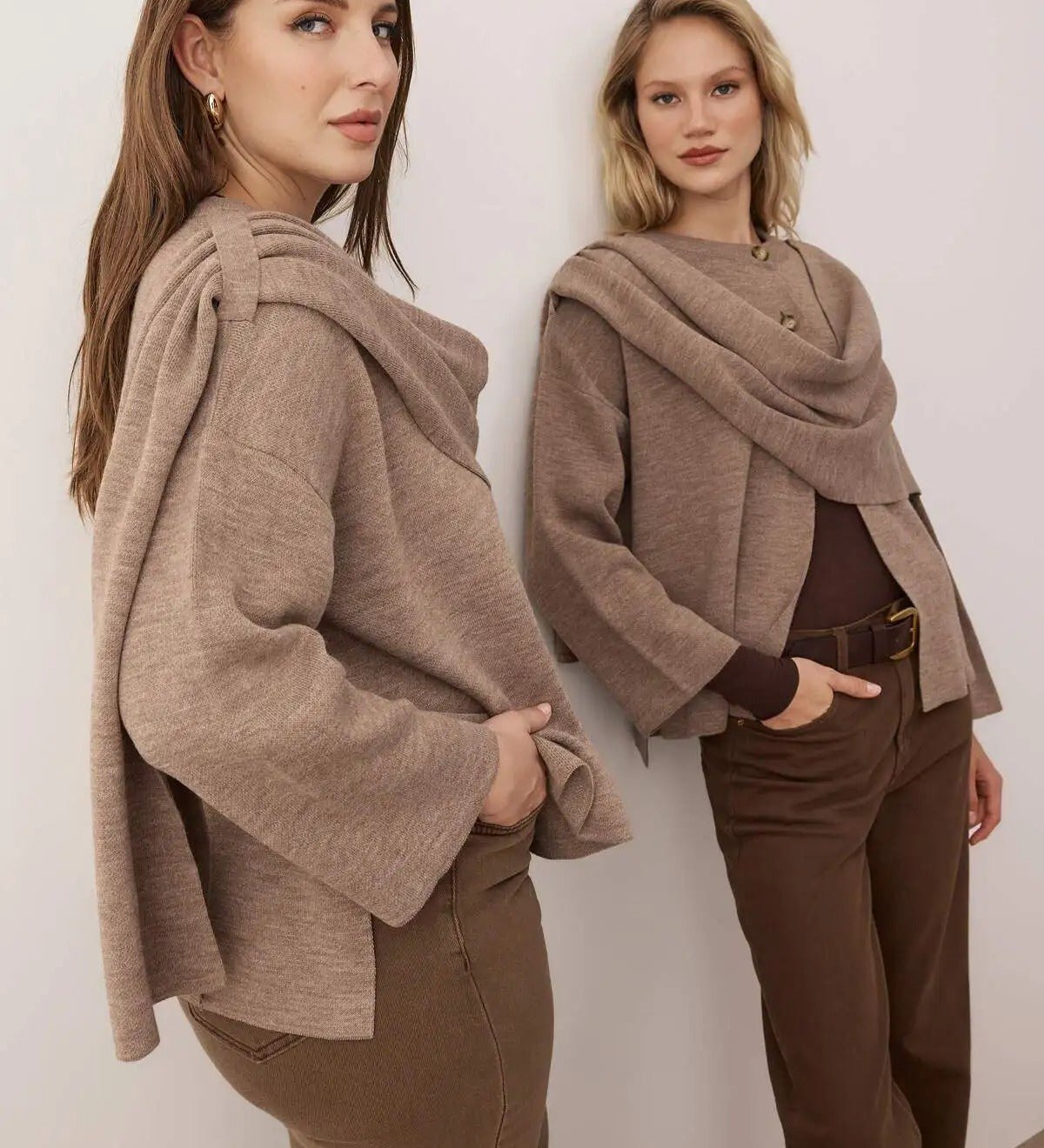 Woman wearing a mocha layered drape knit sweater with asymmetrical front, cozy soft fabric – AtikaStyle.”
