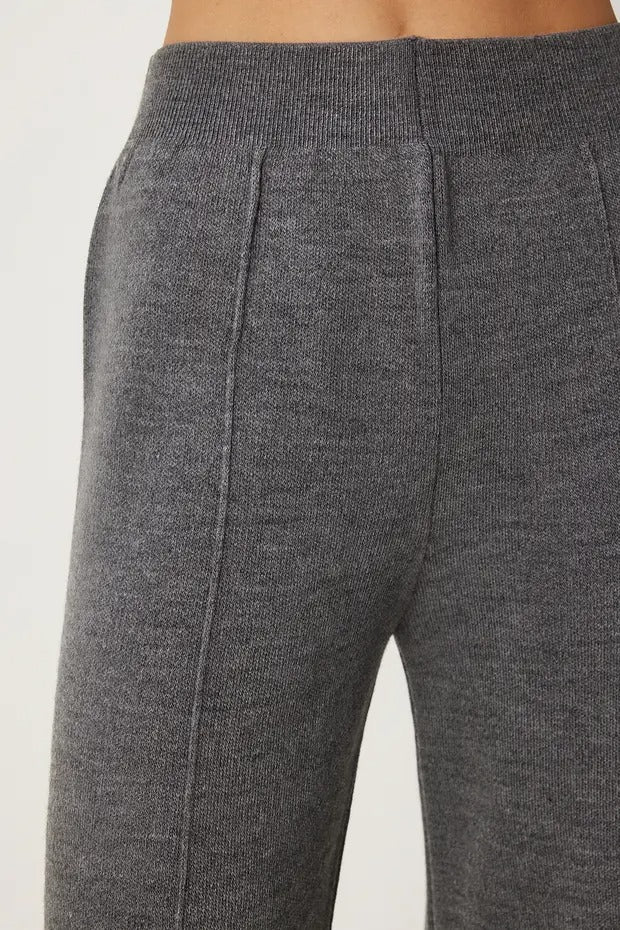 Grey Acrylic Knit Two-Piece Set | Mock Neck, Side Slits, Elastic Waist | AtikaStyle