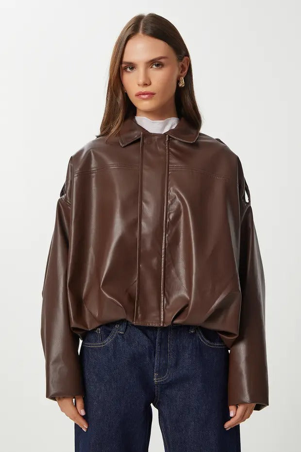 Brown Faux Leather Bomber Jacket | Oversized, Lined, Zip Front | AtikaStyle