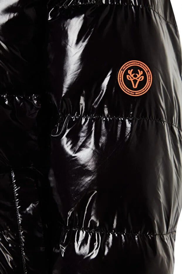 Black Oversized Shiny Hooded Puffer Coat | Water-Repellent Jacket | AtikaStyle