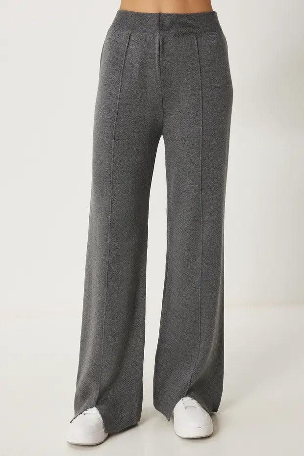 Grey Acrylic Knit Two-Piece Set | Mock Neck, Side Slits, Elastic Waist | AtikaStyle