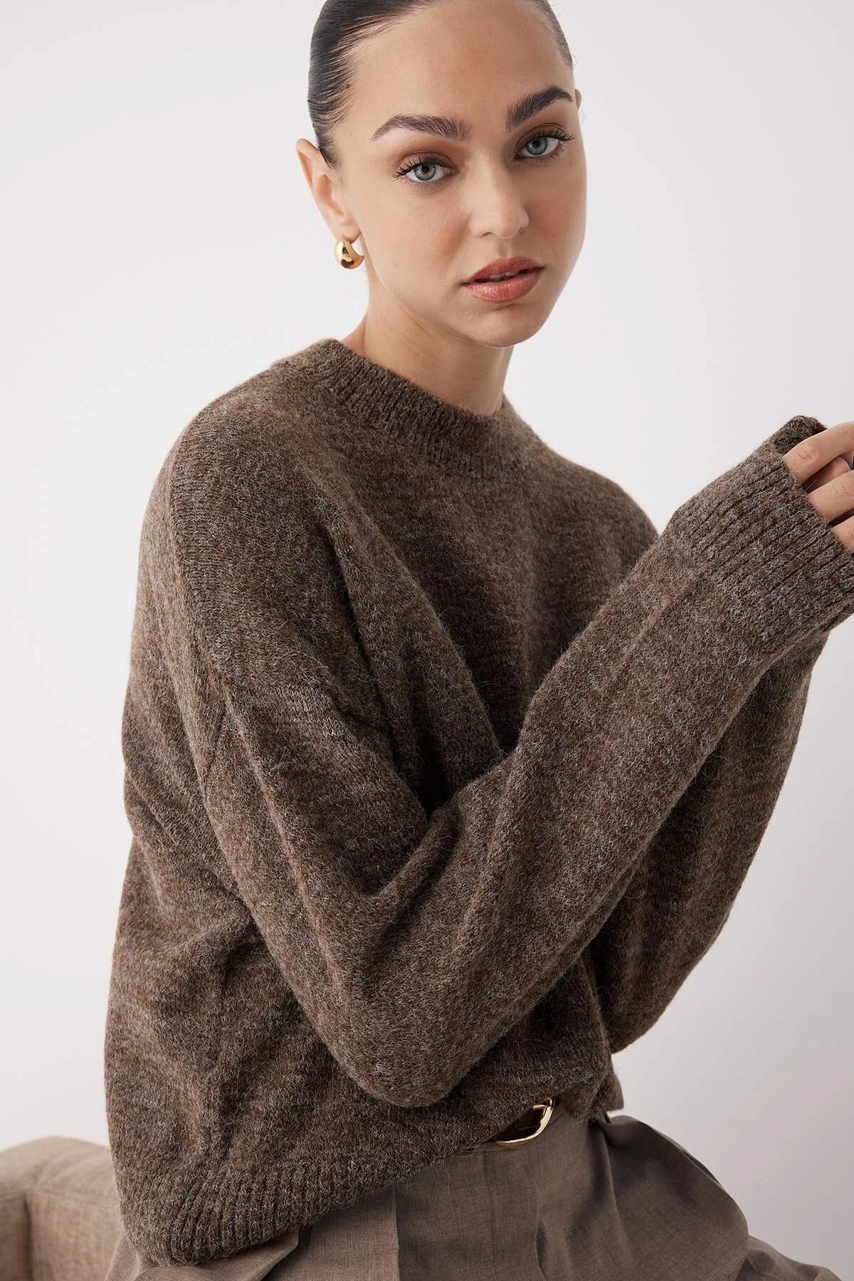 Taupe Alpaca-Blend Oversize Knit Sweater | Wardrobe Essentials Pullover | AtikaStyle