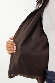 Brown Faux Leather Bomber Jacket | Oversized, Lined, Zip Front | AtikaStyle