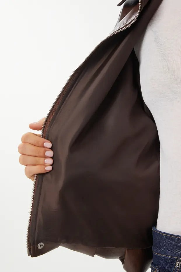 Brown Faux Leather Bomber Jacket | Oversized, Lined, Zip Front | AtikaStyle