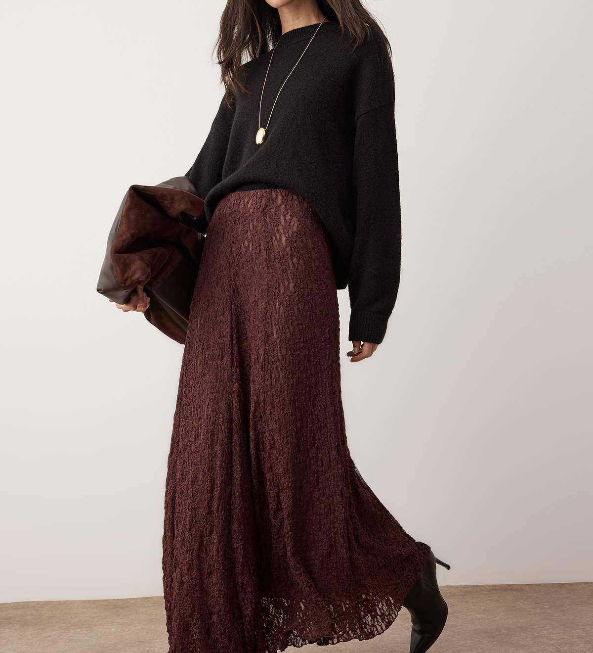 Women’s burgundy lace high-waist maxi skirt with textured fabric and flowy hem — AtikaStyle
