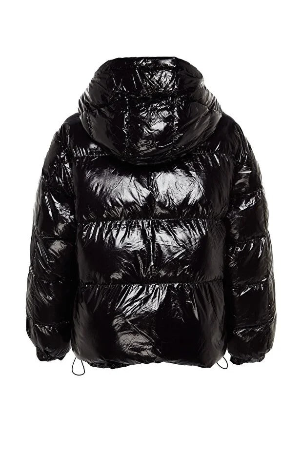 Black Oversized Shiny Hooded Puffer Coat | Water-Repellent Jacket | AtikaStyle