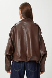 Brown Faux Leather Bomber Jacket | Oversized, Lined, Zip Front | AtikaStyle