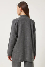 Grey Acrylic Knit Two-Piece Set | Mock Neck, Side Slits, Elastic Waist | AtikaStyle